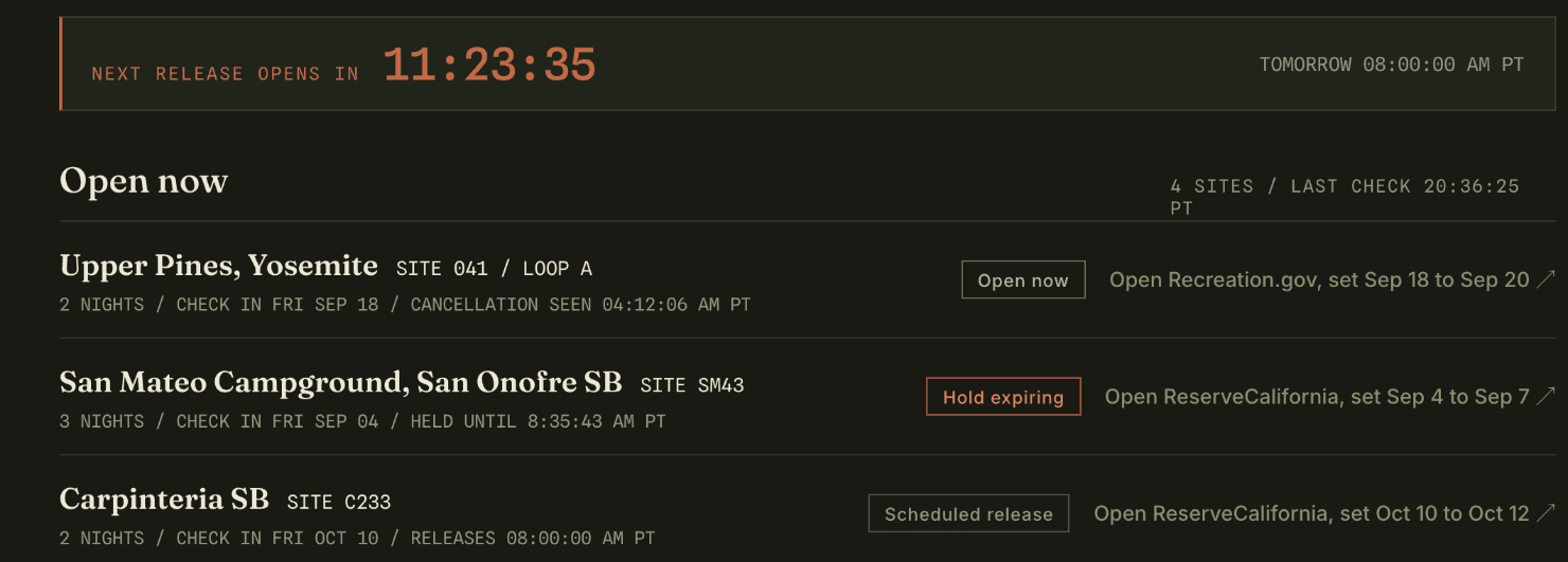 A preview of the alert screen in dark mode: a countdown to the next release, open sites with loop and site numbers in mono, and a panel for a hold that is expiring.